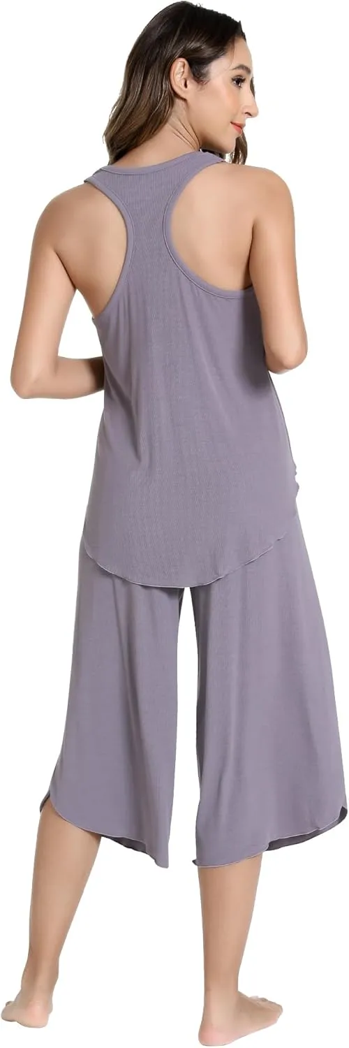 NACHILA Pajamas for Women-Viscose Made from Bamboo,Ribbed Pjs Racerback Tank Top and Capri Pants Sleeveless Pajama Sets