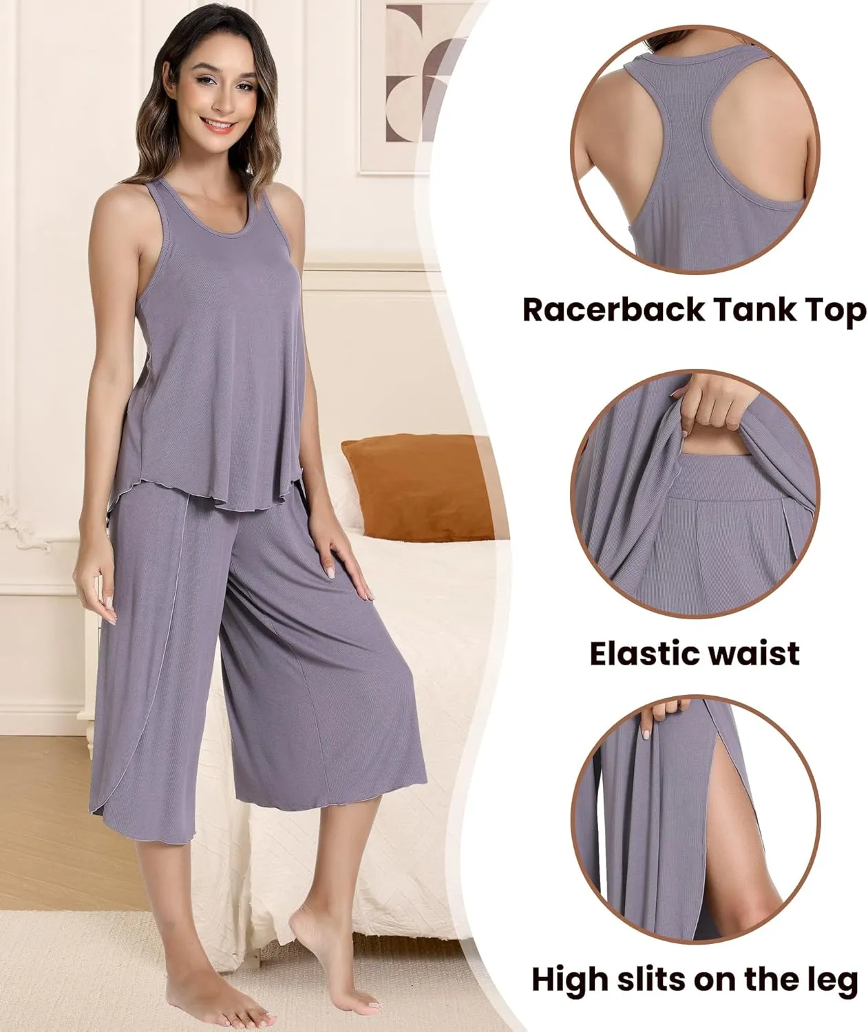 NACHILA Pajamas for Women-Viscose Made from Bamboo,Ribbed Pjs Racerback Tank Top and Capri Pants Sleeveless Pajama Sets