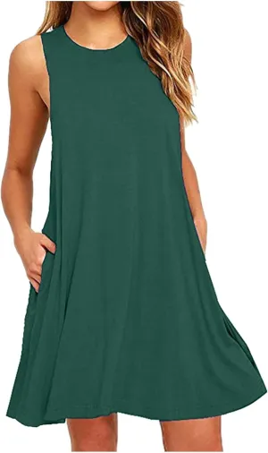 NATHGAM Tank Dress for Women Summer Beach Cover Up Sleeveless Mini Sundress Swing Casual Loose Fit T-Shirt Dress with Pockets