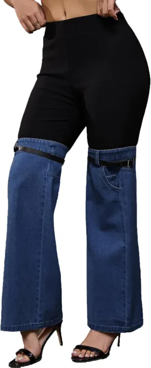 Nihsatin Women's Two Tone Denim Patchwork Flared Pants High Waisted Color Block Bell Bottom Jeans Pants