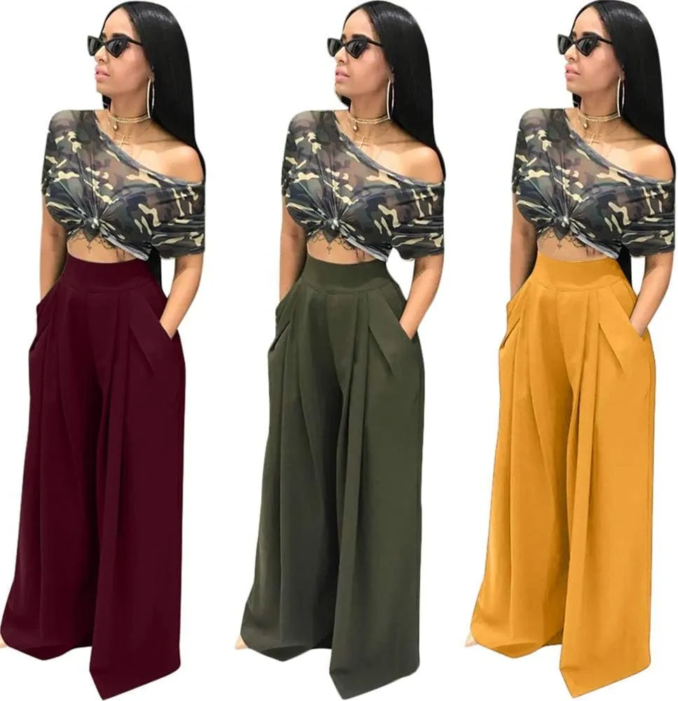 NRTHYE Womens Palazzo Long Pants High Waist Wide Leg Stretchy Loose Fit Casual Trousers with Pocket