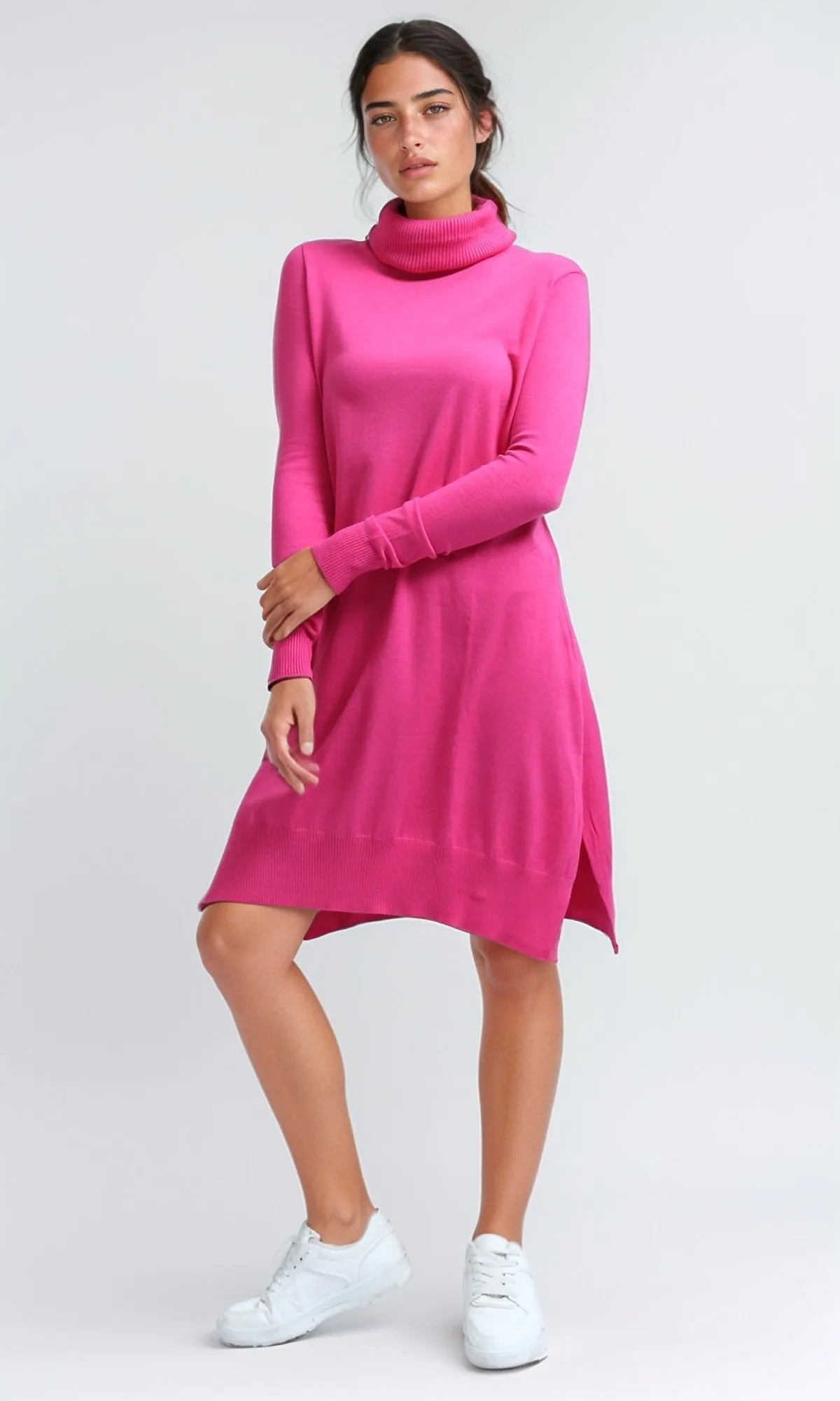 O201297 - Relax Fit Turtle Neck Pullover with Side Slits - Fuchsia