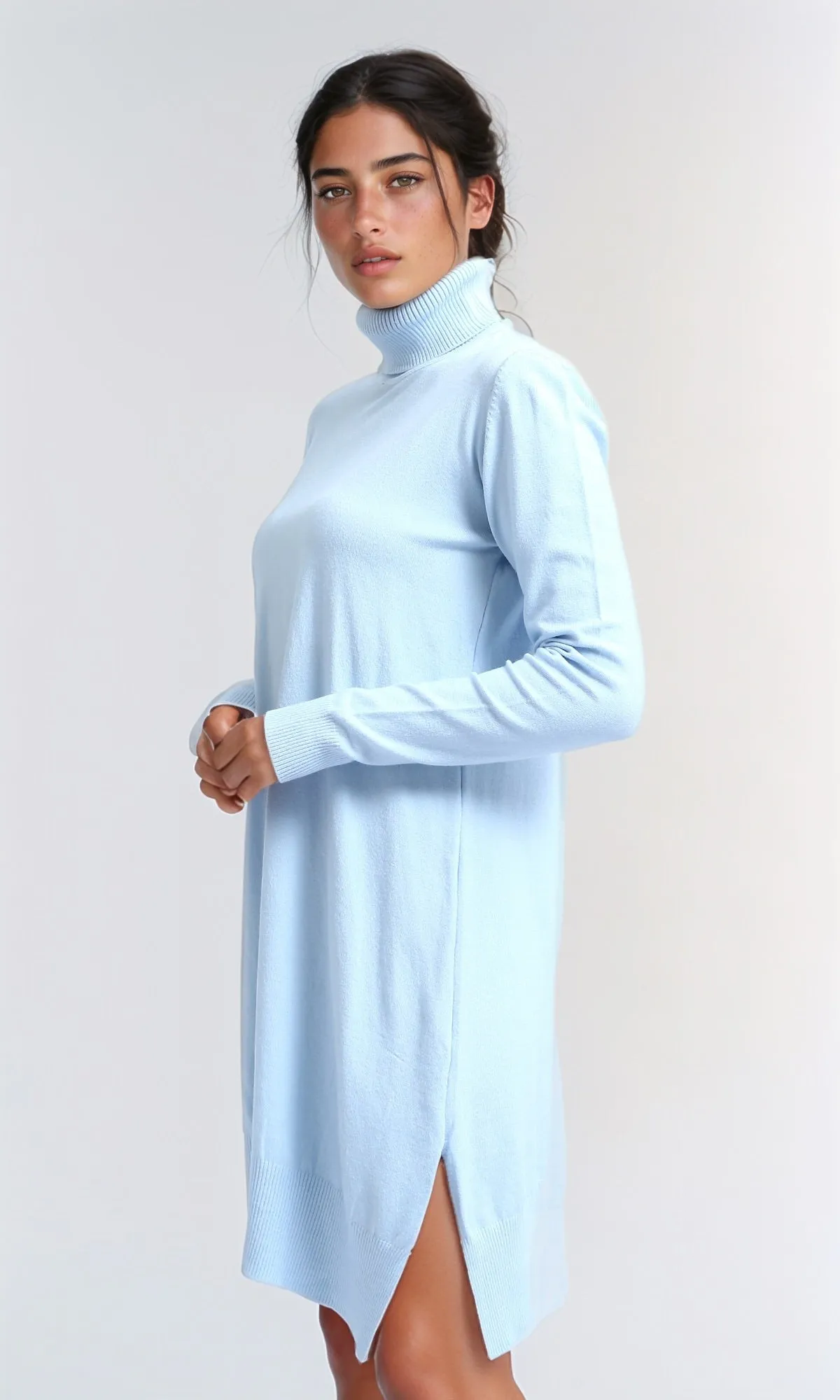 O201298 - Long Knitted Turtle Neck Winter Pullover - Sky Blue
