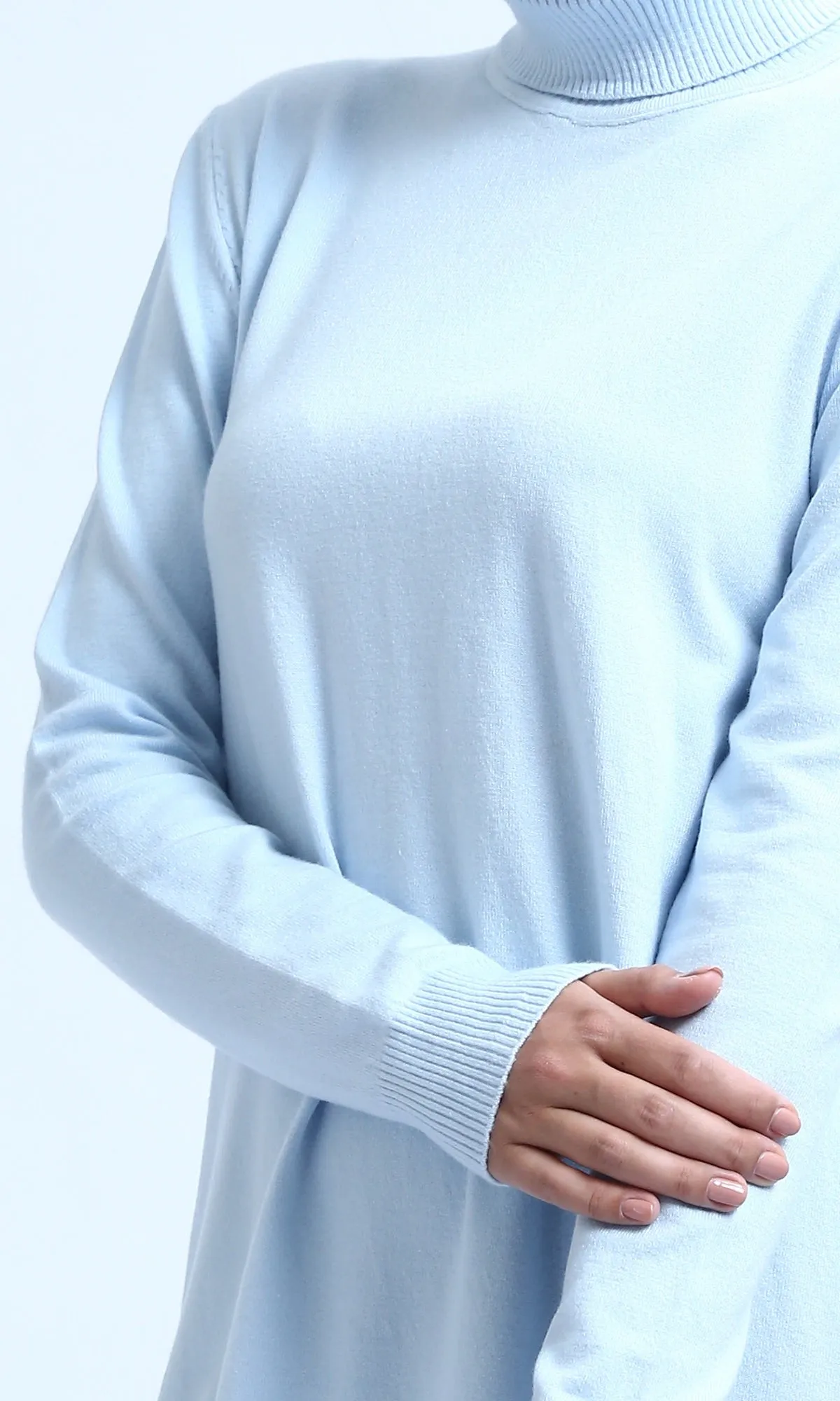 O201298 - Long Knitted Turtle Neck Winter Pullover - Sky Blue