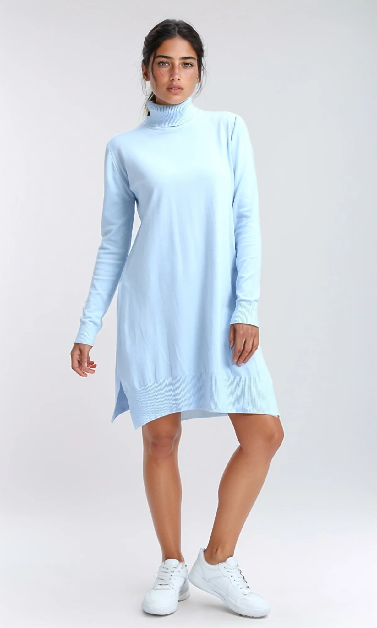 O201298 - Long Knitted Turtle Neck Winter Pullover - Sky Blue