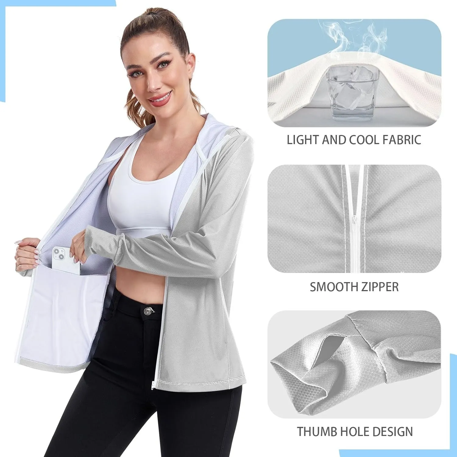 ODAWA Womens Upf Hoodie Lightweight Full Zip Running Jacket UV Cooling Hoodie Summer Clothing
