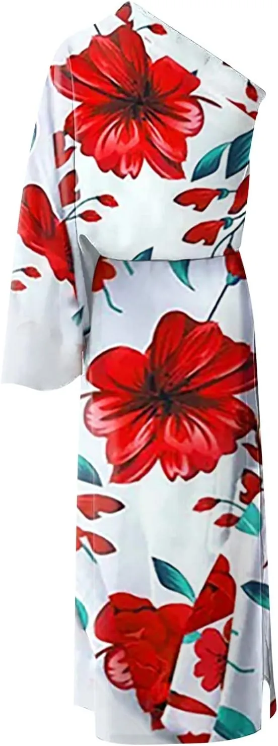 One Shoulder Dresses for Women,2024 Spring Summer Casual Batwing Sleeve Cocktail Dress,Vintage Graphic Party Dress