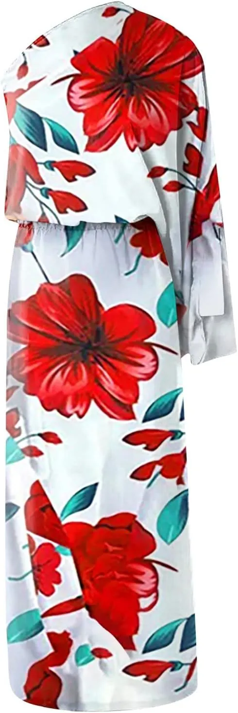 One Shoulder Dresses for Women,2024 Spring Summer Casual Batwing Sleeve Cocktail Dress,Vintage Graphic Party Dress