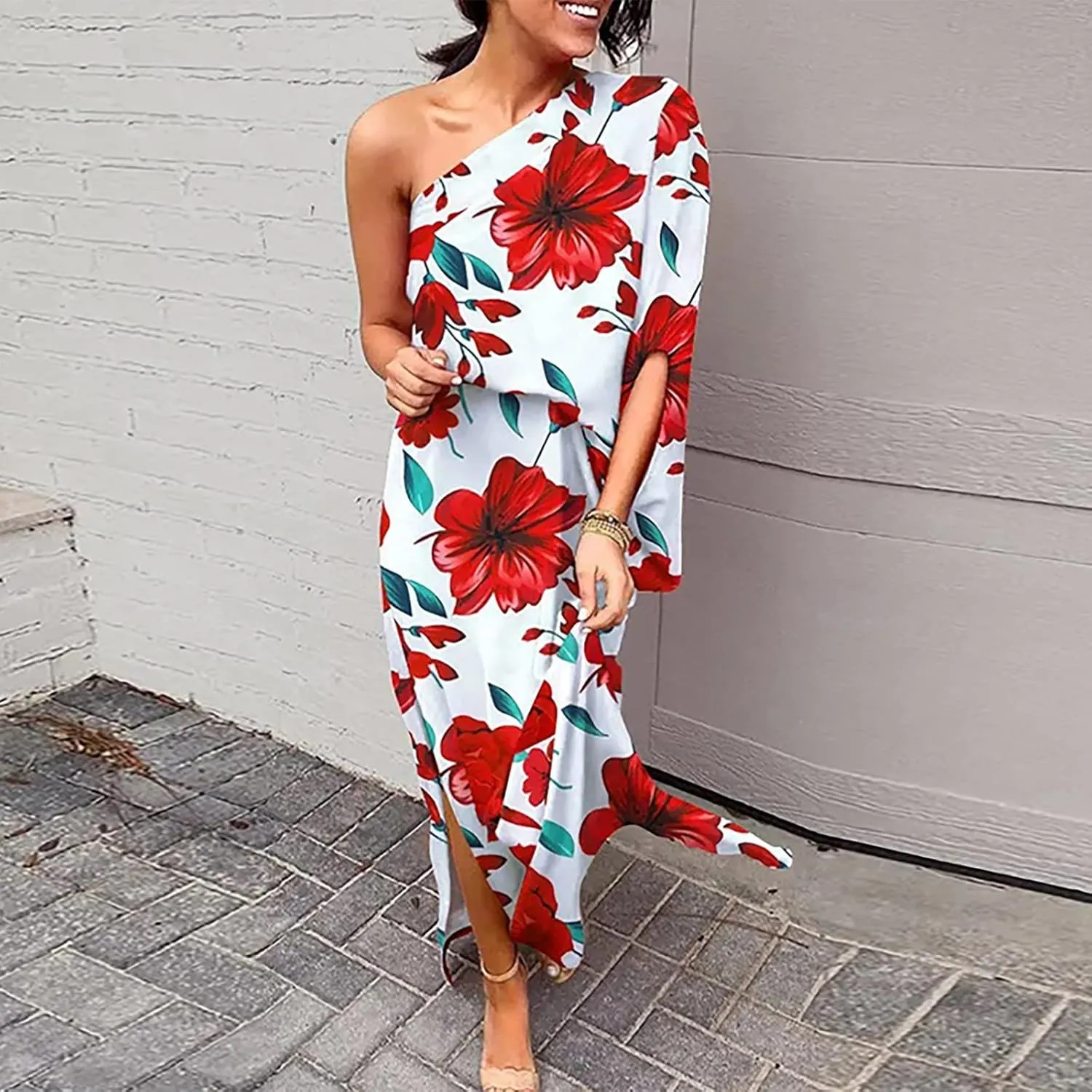 One Shoulder Dresses for Women,2024 Spring Summer Casual Batwing Sleeve Cocktail Dress,Vintage Graphic Party Dress
