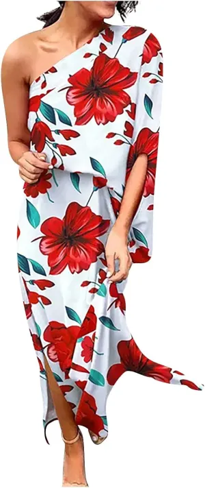 One Shoulder Dresses for Women,2024 Spring Summer Casual Batwing Sleeve Cocktail Dress,Vintage Graphic Party Dress