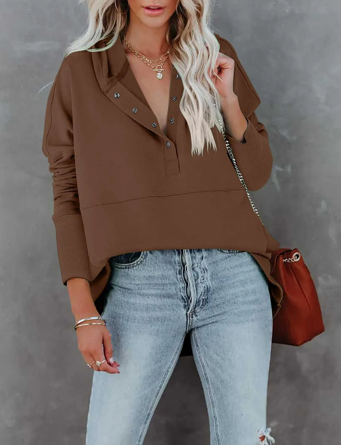 onlypuff Womens Oversized Hoodies and Sweatshirt V Neck Button up Loose Fit Henley Shirt 2022 Fall Fashion
