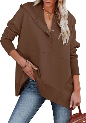 onlypuff Womens Oversized Hoodies and Sweatshirt V Neck Button up Loose Fit Henley Shirt 2022 Fall Fashion
