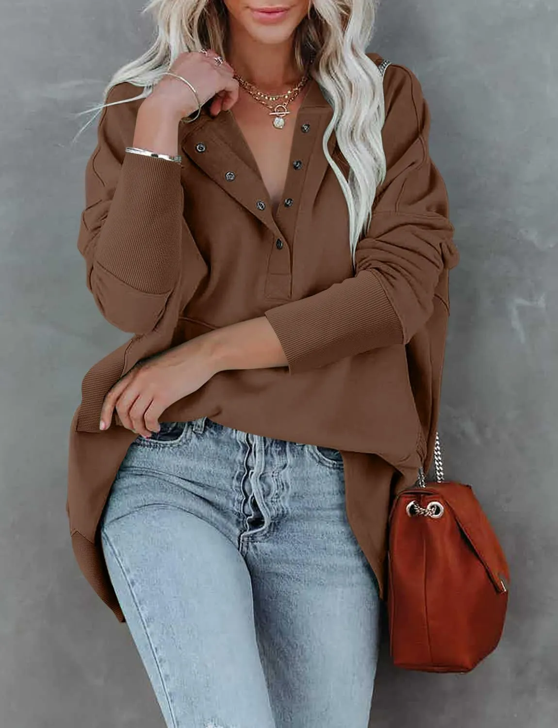 onlypuff Womens Oversized Hoodies and Sweatshirt V Neck Button up Loose Fit Henley Shirt 2022 Fall Fashion