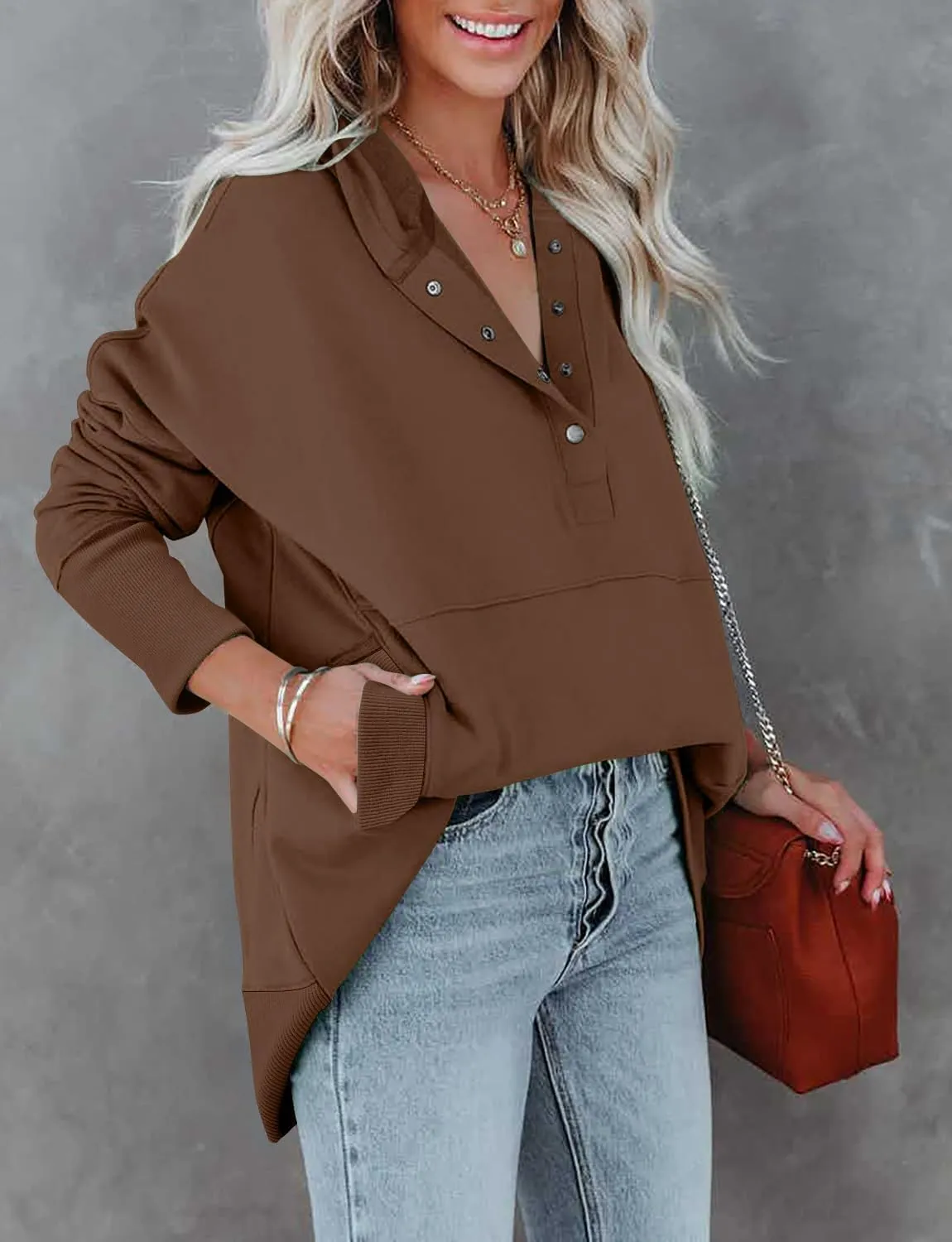 onlypuff Womens Oversized Hoodies and Sweatshirt V Neck Button up Loose Fit Henley Shirt 2022 Fall Fashion