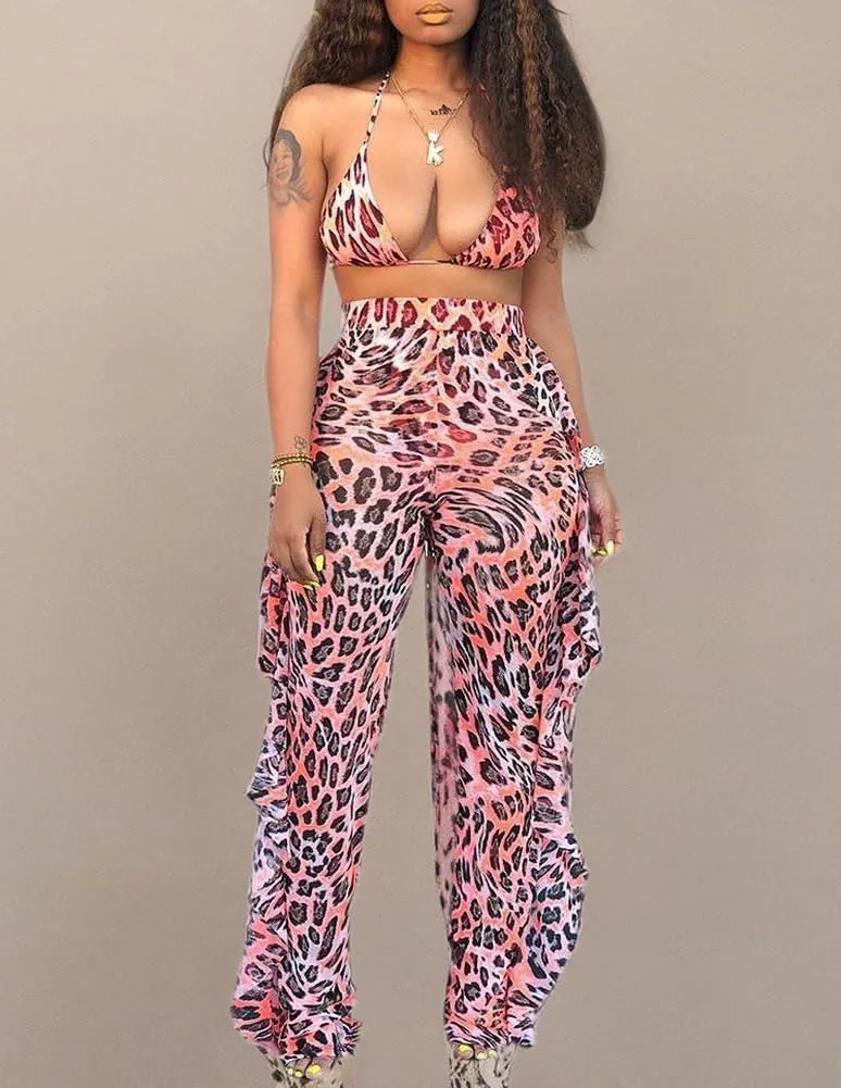 Ophestin Womens Sexy Halter Sheer Bikini Ruffle Long Pants Set 2 Piece Swimsuit