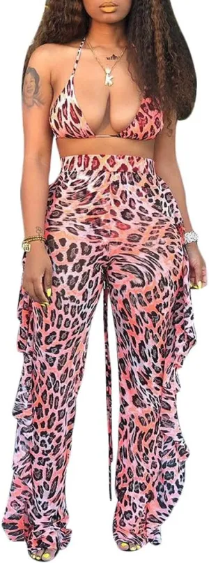 Ophestin Womens Sexy Halter Sheer Bikini Ruffle Long Pants Set 2 Piece Swimsuit
