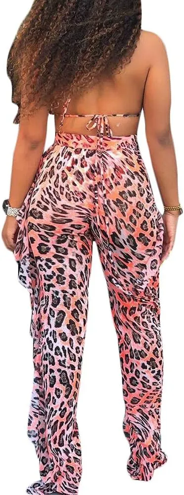 Ophestin Womens Sexy Halter Sheer Bikini Ruffle Long Pants Set 2 Piece Swimsuit