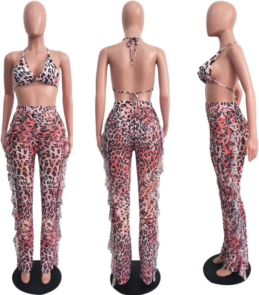 Ophestin Womens Sexy Halter Sheer Bikini Ruffle Long Pants Set 2 Piece Swimsuit
