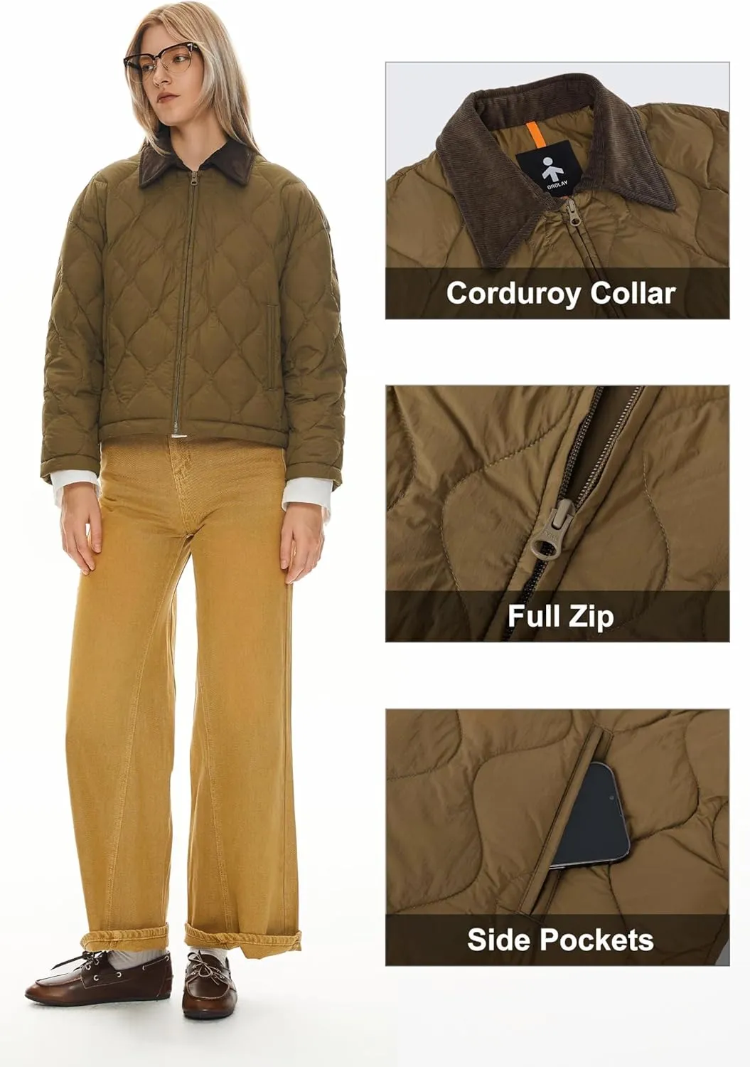 Orolay Women's Lightweight Quilted Jacket Puffer Cropped Down Coat Zip Up Warm with Pockets for Fall and Winter