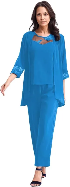 Pant Suits Mother of The Bride 3 Pieces Chiffon Formal Outfits Long Sleeve Sequin Wedding Evening Gowns