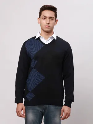 Park Avenue Men Blue Regular Fit Argyle Cotton Full Sleeve V Neck Collar Pullovers