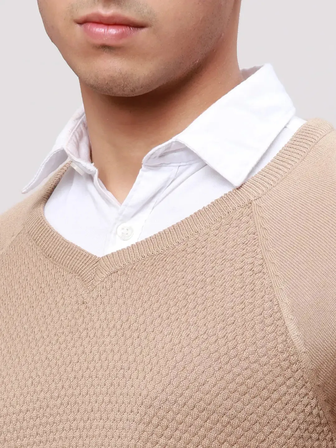 Park Avenue Men Fawn Regular Fit Solid Cotton Full Sleeve V Neck Collar Pullovers