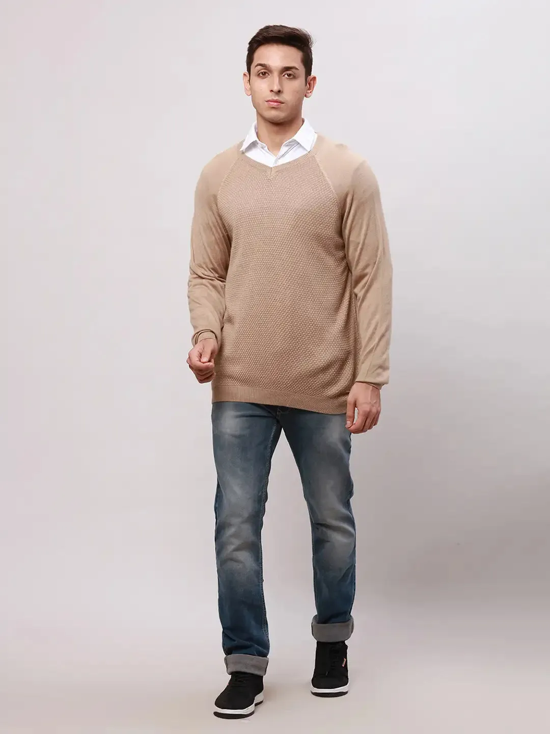 Park Avenue Men Fawn Regular Fit Solid Cotton Full Sleeve V Neck Collar Pullovers