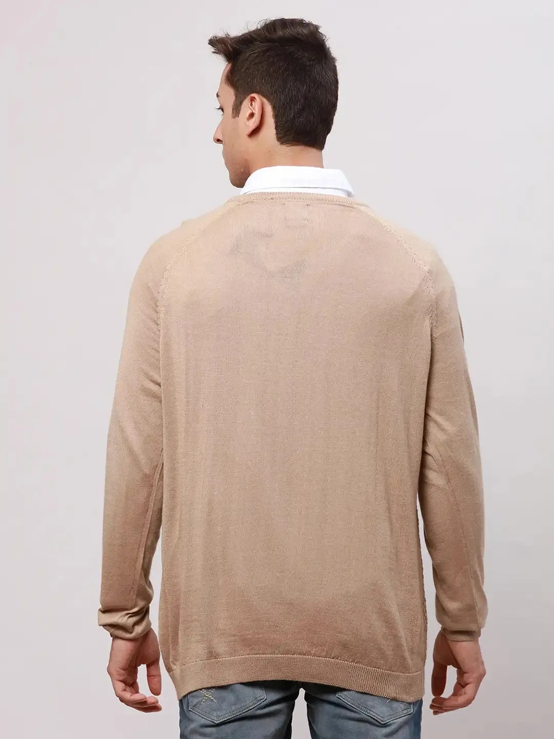 Park Avenue Men Fawn Regular Fit Solid Cotton Full Sleeve V Neck Collar Pullovers