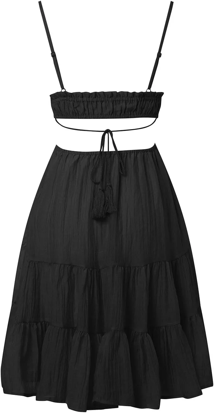 Party Dresses for Women Spaghetti Strap Short Beach Vacation Dress Sleeveless Ruffle Tiered Flowy A Line Mini Sundress
