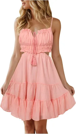 Party Dresses for Women Spaghetti Strap Short Beach Vacation Dress Sleeveless Ruffle Tiered Flowy A Line Mini Sundress