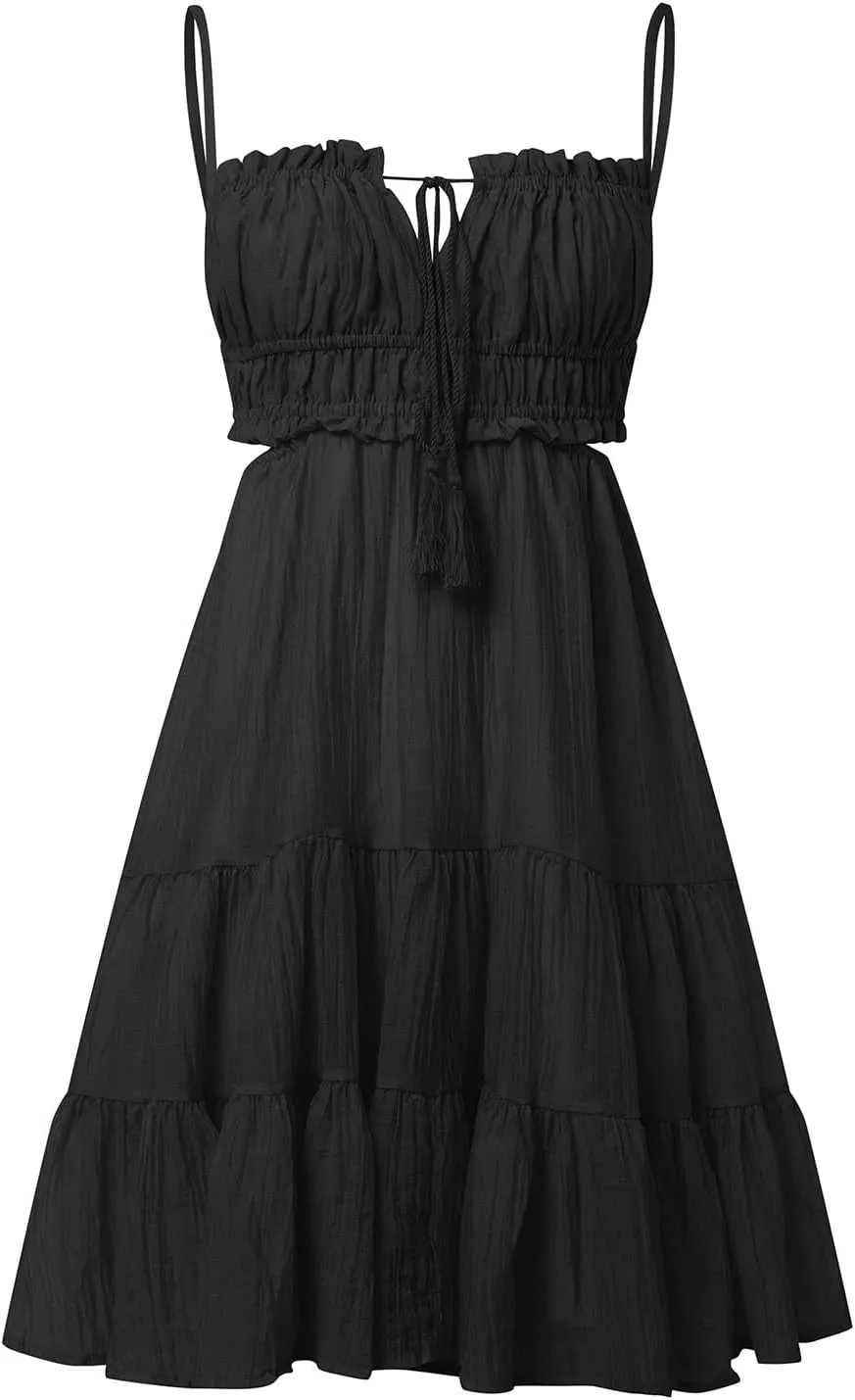 Party Dresses for Women Spaghetti Strap Short Beach Vacation Dress Sleeveless Ruffle Tiered Flowy A Line Mini Sundress