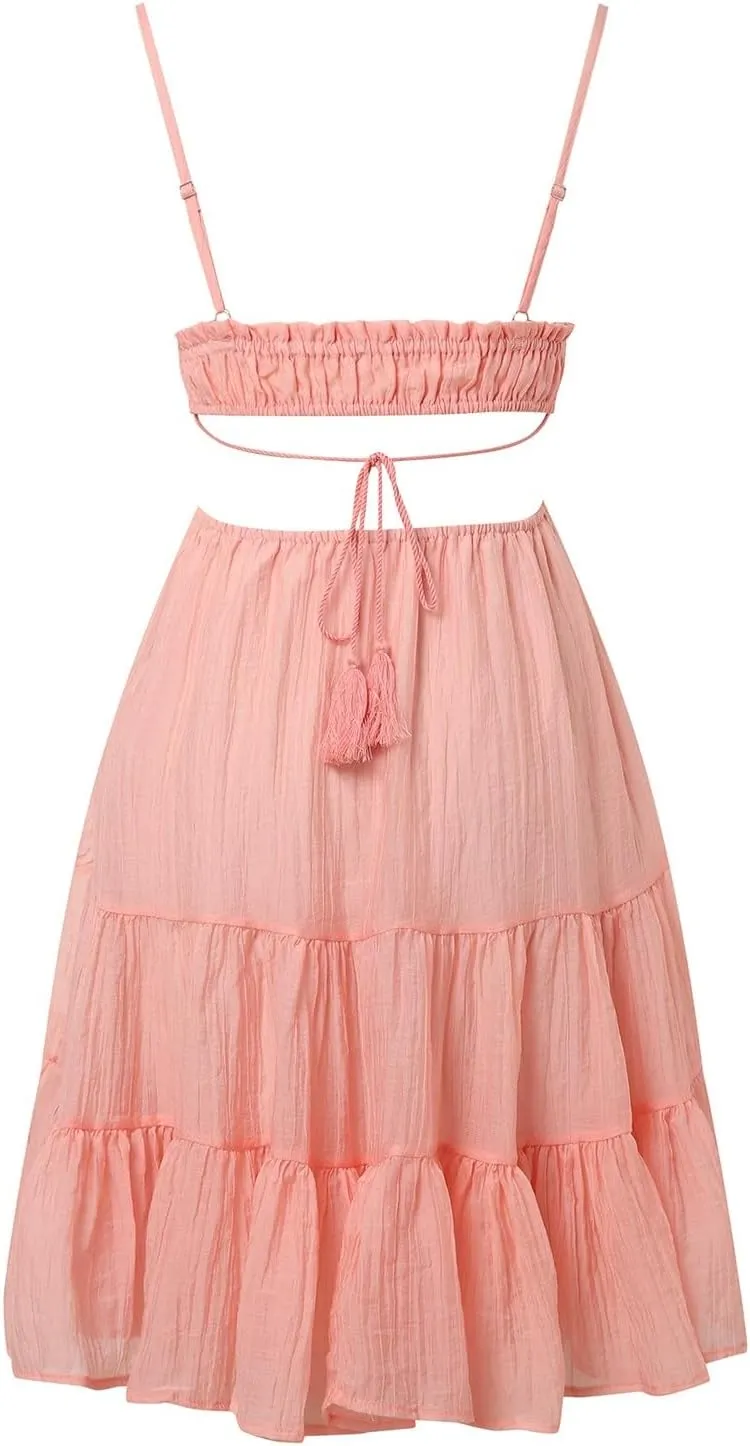Party Dresses for Women Spaghetti Strap Short Beach Vacation Dress Sleeveless Ruffle Tiered Flowy A Line Mini Sundress