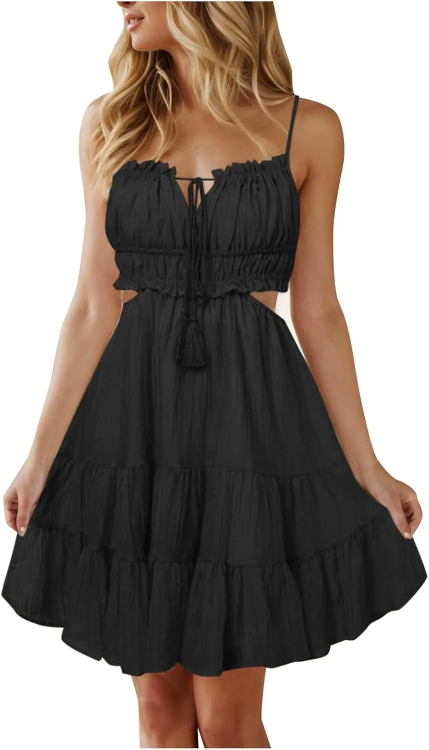 Party Dresses for Women Spaghetti Strap Short Beach Vacation Dress Sleeveless Ruffle Tiered Flowy A Line Mini Sundress