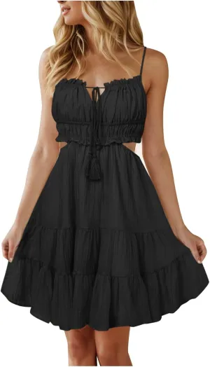 Party Dresses for Women Spaghetti Strap Short Beach Vacation Dress Sleeveless Ruffle Tiered Flowy A Line Mini Sundress