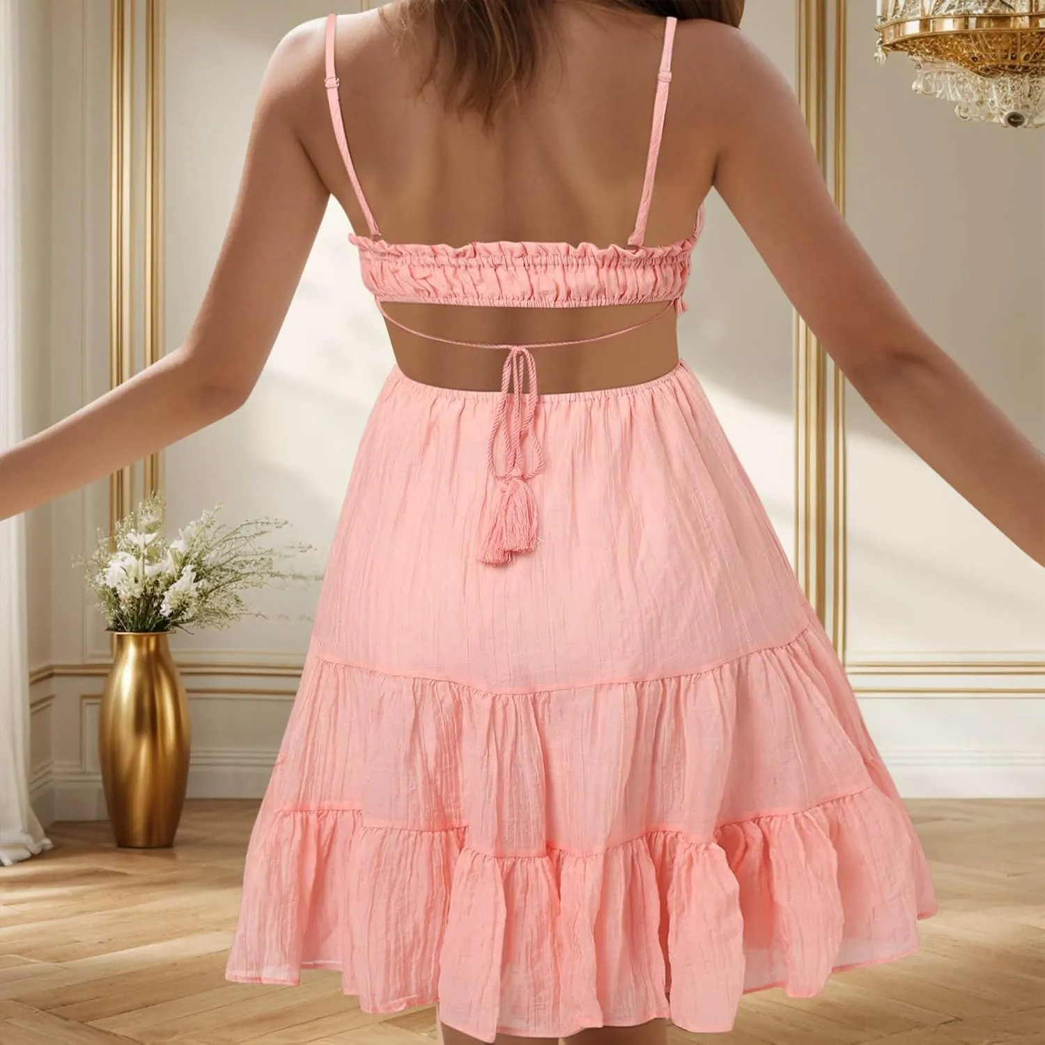 Party Dresses for Women Spaghetti Strap Short Beach Vacation Dress Sleeveless Ruffle Tiered Flowy A Line Mini Sundress
