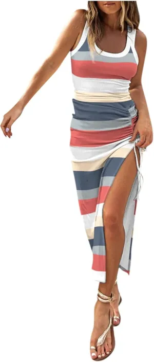 PETYCZEN Summer Dresses for Women Sexy Sleeveless Side Slit Bodycon Maxi Dress Casual Ruched Ribbed Knit Tank Beach Sun Dress