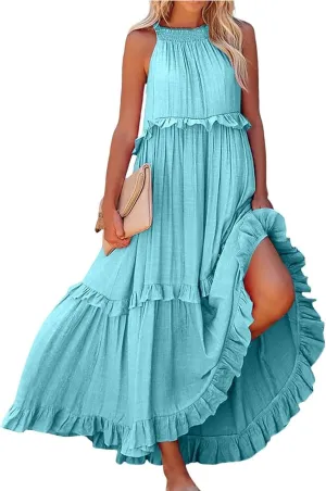 PETYCZEN Womens Tiered Dress 2025 Summer Sleeveless Halter Tie Back Pleated Maxi Dress A Line Long Flowy Beach Sundresses