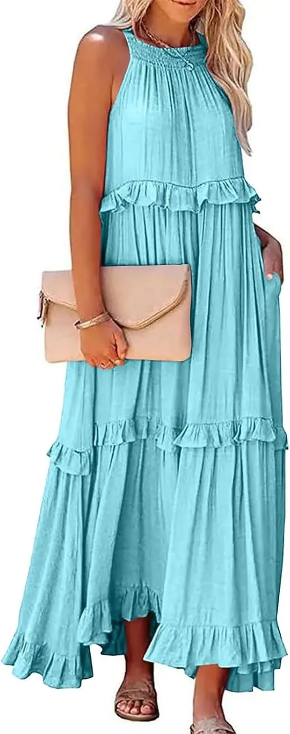 PETYCZEN Womens Tiered Dress 2025 Summer Sleeveless Halter Tie Back Pleated Maxi Dress A Line Long Flowy Beach Sundresses