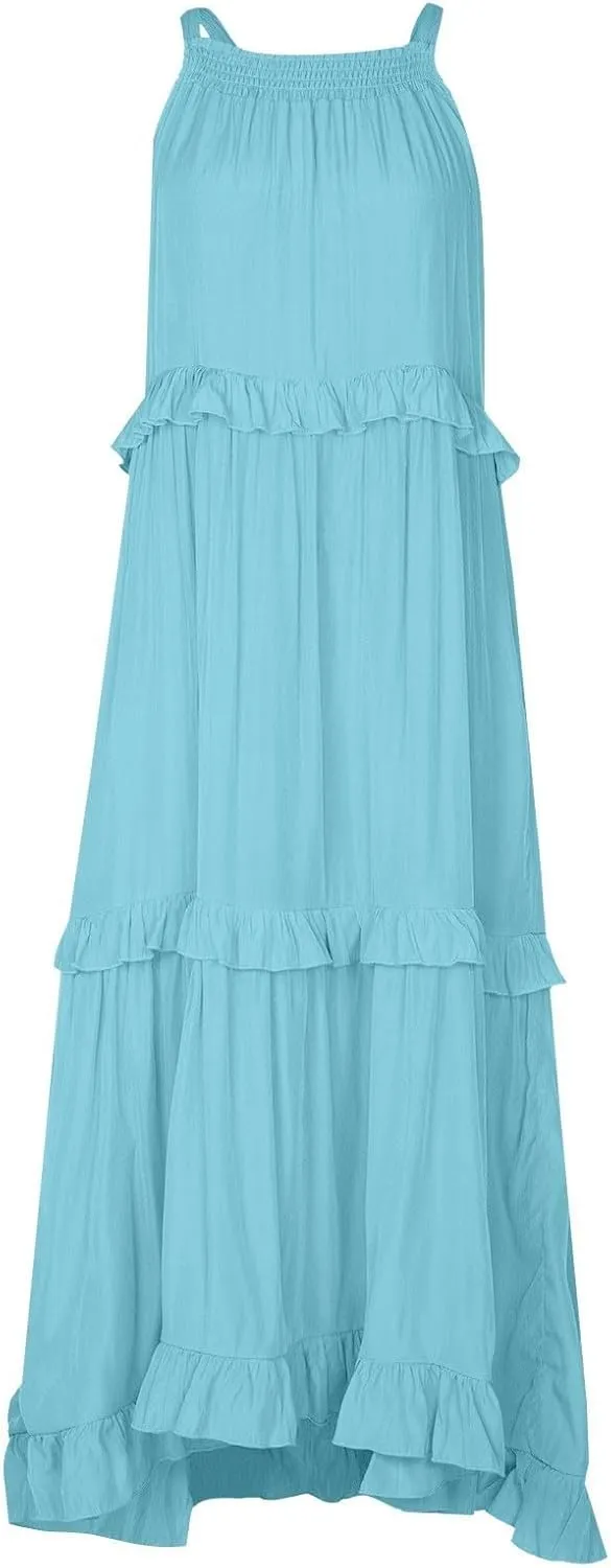 PETYCZEN Womens Tiered Dress 2025 Summer Sleeveless Halter Tie Back Pleated Maxi Dress A Line Long Flowy Beach Sundresses
