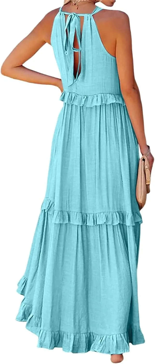 PETYCZEN Womens Tiered Dress 2025 Summer Sleeveless Halter Tie Back Pleated Maxi Dress A Line Long Flowy Beach Sundresses