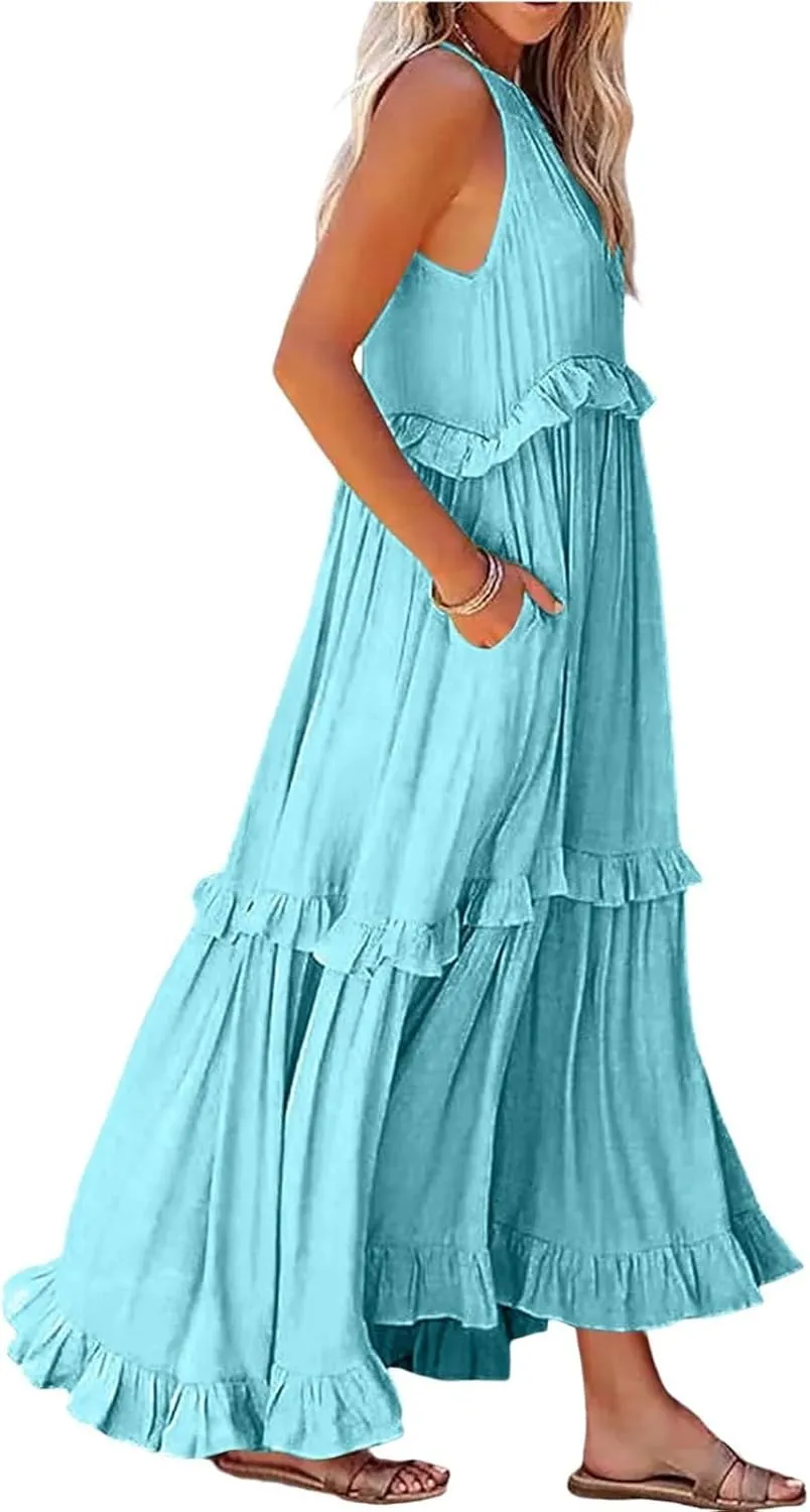 PETYCZEN Womens Tiered Dress 2025 Summer Sleeveless Halter Tie Back Pleated Maxi Dress A Line Long Flowy Beach Sundresses