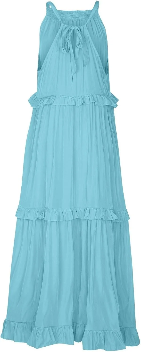 PETYCZEN Womens Tiered Dress 2025 Summer Sleeveless Halter Tie Back Pleated Maxi Dress A Line Long Flowy Beach Sundresses