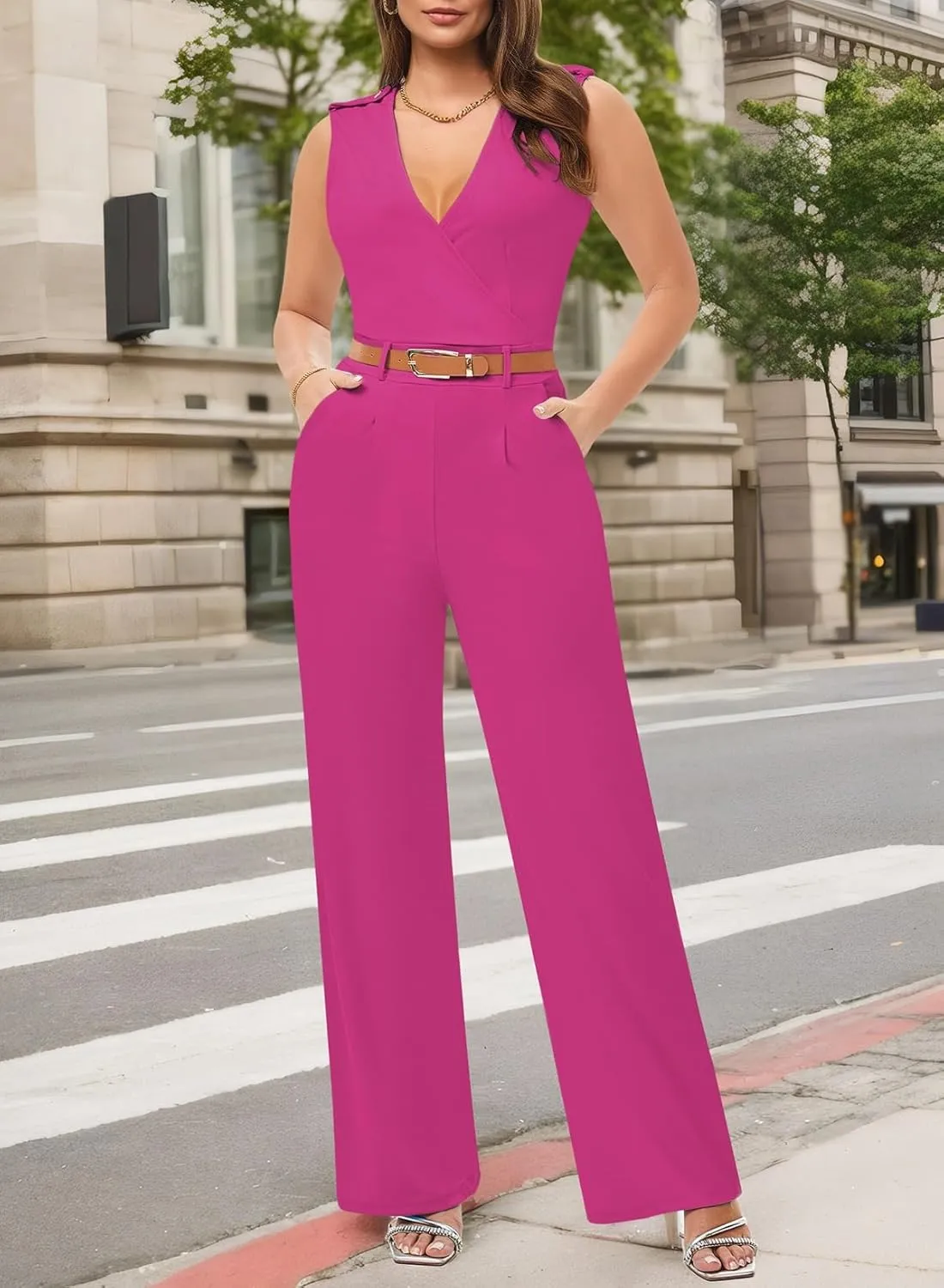 Pink Queen Jumpsuits for Women Dressy V Neck Sleeveless Wide Leg Long Pants Rompers