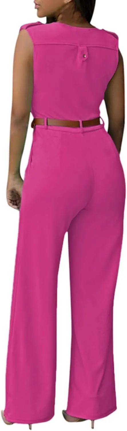 Pink Queen Jumpsuits for Women Dressy V Neck Sleeveless Wide Leg Long Pants Rompers
