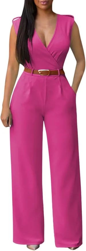 Pink Queen Jumpsuits for Women Dressy V Neck Sleeveless Wide Leg Long Pants Rompers