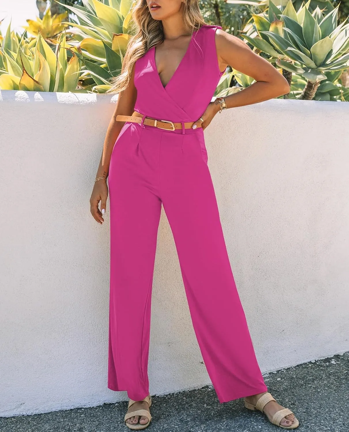Pink Queen Jumpsuits for Women Dressy V Neck Sleeveless Wide Leg Long Pants Rompers