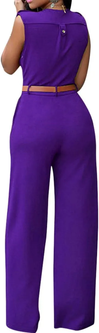 Pink Queen Jumpsuits for Women Dressy V Neck Sleeveless Wide Leg Long Pants Rompers