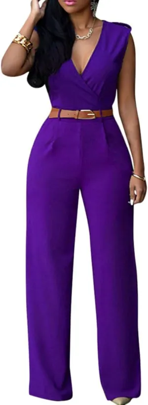 Pink Queen Jumpsuits for Women Dressy V Neck Sleeveless Wide Leg Long Pants Rompers