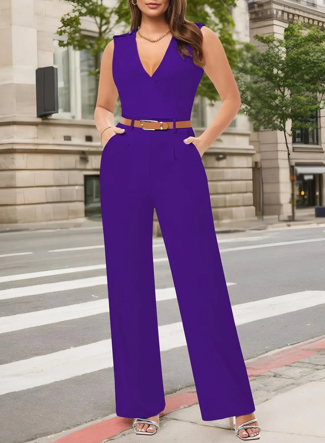 Pink Queen Jumpsuits for Women Dressy V Neck Sleeveless Wide Leg Long Pants Rompers