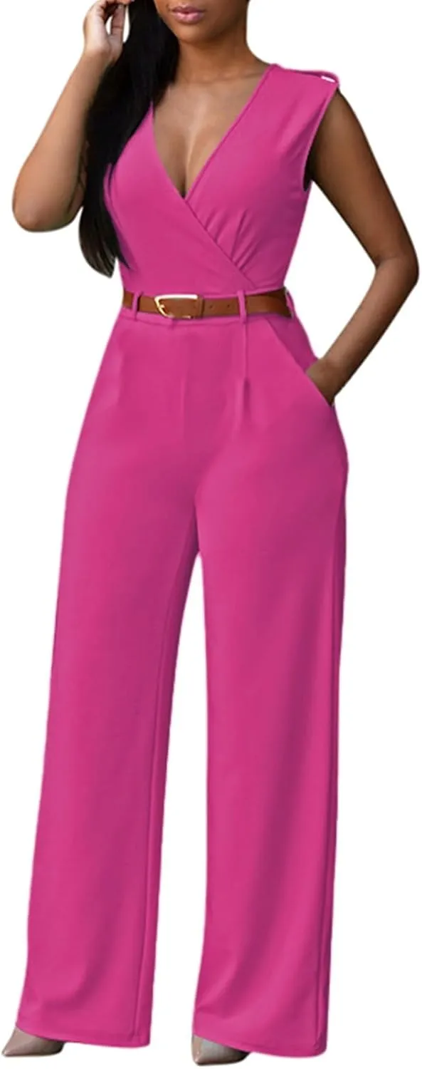 Pink Queen Jumpsuits for Women Dressy V Neck Sleeveless Wide Leg Long Pants Rompers